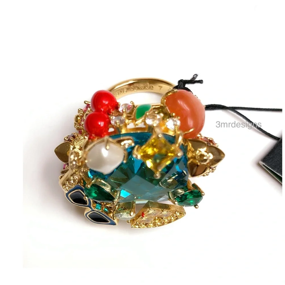 NWT Kate Spade ♠️ SWEET TREASURES 12-K Gold Plated Glass Pearl/CZ Crystals Ring - Picture 10 of 12